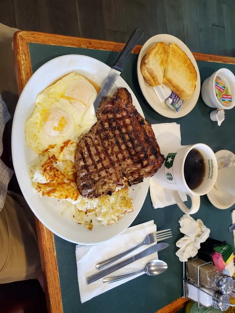 T-Bone Steak Eggs and Hashbrowns with Sourdough Toast